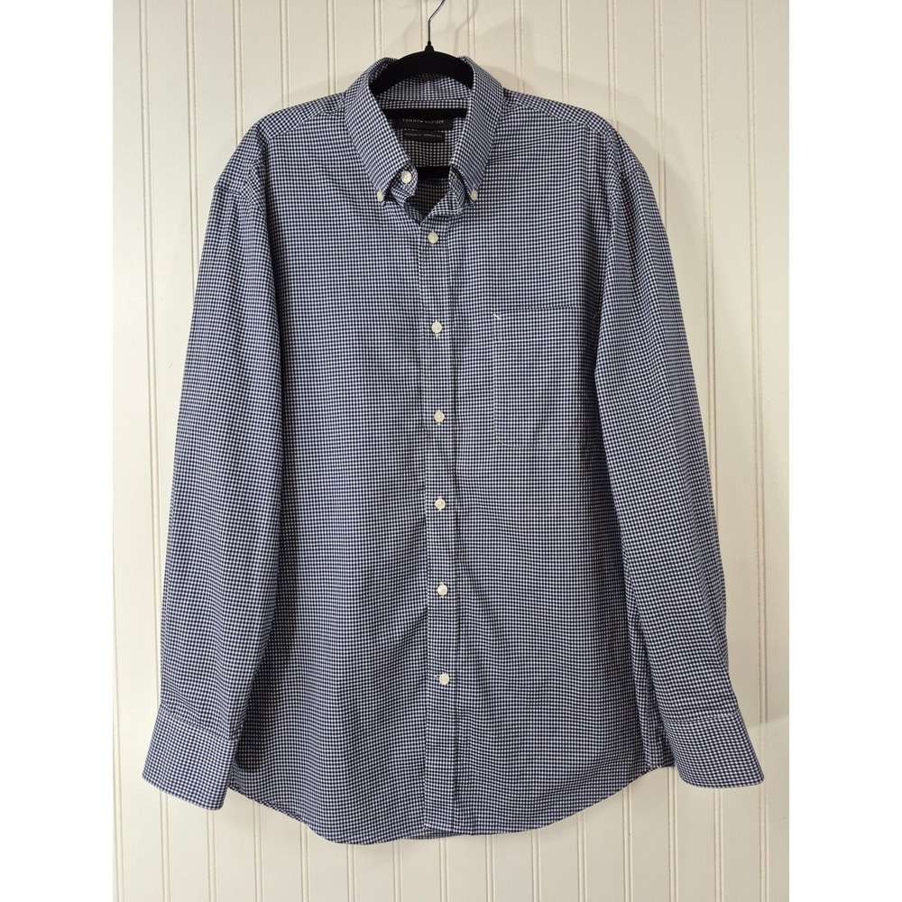Tommy Hilfiger Mens Navy White Gingham Wrinkle Free Cotton Button Down Shirt L